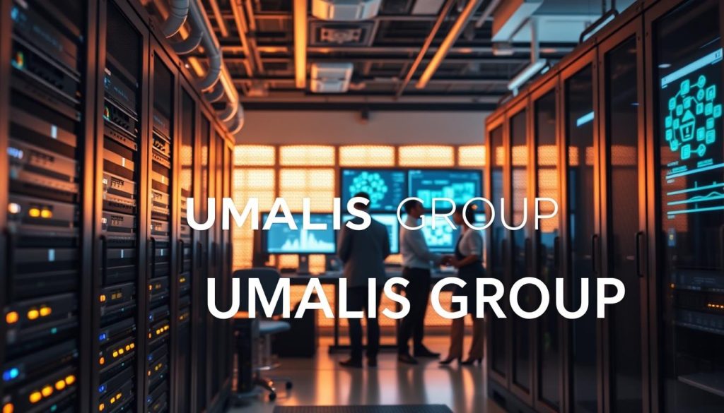 An advanced data center environment showcasing IT infrastructure optimization, featuring sleek server racks and high-tech networking equipment in the foreground. In the middle ground, professionals in business attire work collaboratively, analyzing data on multiple monitors and discussing strategies. The background reveals a softly lit room with glowing LED panels and diagrams of network optimization on digital screens, creating an atmosphere of innovation and efficiency. Use a slightly elevated angle to capture the depth of the workspace, with warm, focused lighting that highlights the technology. The overall mood should convey professionalism and expertise, aligning with the theme of successful IT consulting. Include the brand name "UMALIS GROUP" subtly integrated into the design of the workspace.