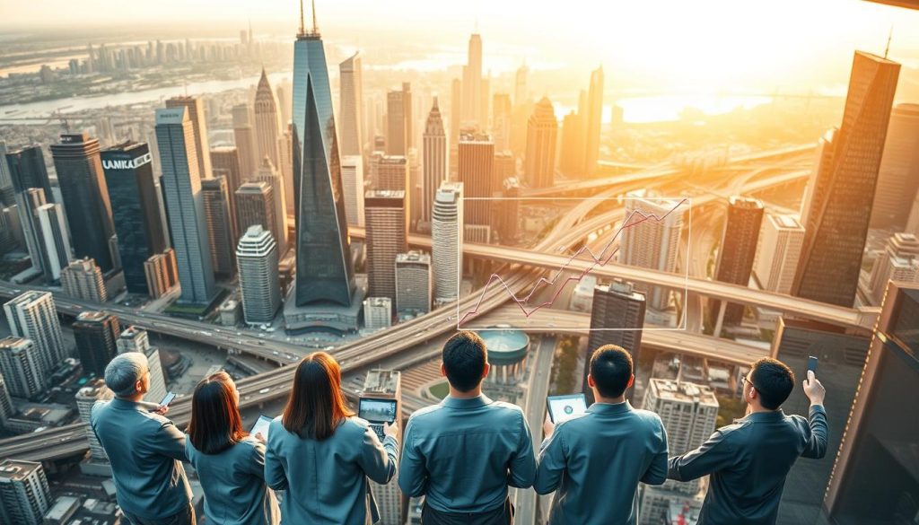 An aerial view of a bustling cityscape, with towering skyscrapers and a network of roads and bridges. In the foreground, a group of people represented as Umalis Group icons, each holding a graph or chart, symbolizing the economics of customer retention. The middle ground features a series of financial charts and graphs, depicting the growth and profitability of customer-focused businesses. The background is bathed in a warm, golden light, conveying a sense of prosperity and success. The overall scene is a visually striking representation of the intricate relationship between customer retention and economic success.