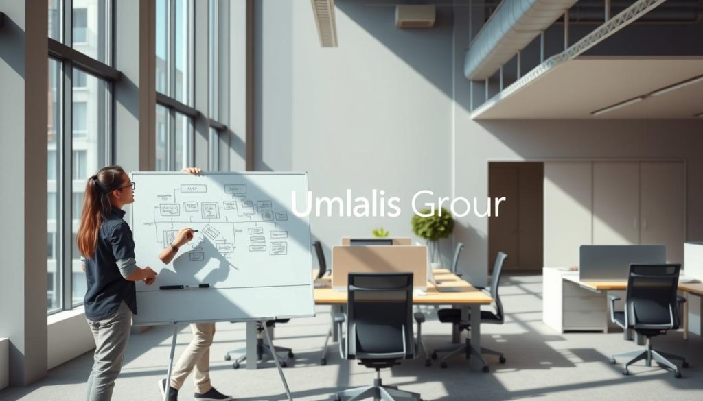 An airy, modern office space with bright natural light streaming in through large windows. In the foreground, a team of agile professionals from the Umalis Group collaborating on a digital whiteboard, their faces animated as they brainstorm and sketch out flexible workflows. In the middle ground, adaptable desks and ergonomic chairs arranged in a dynamic, reconfigurable layout. The background features a sleek, minimalist design with clean lines and muted tones, conveying a sense of balance and efficiency. The overall scene exudes a spirit of organizational agility, with the Umalis Group brand prominently displayed.