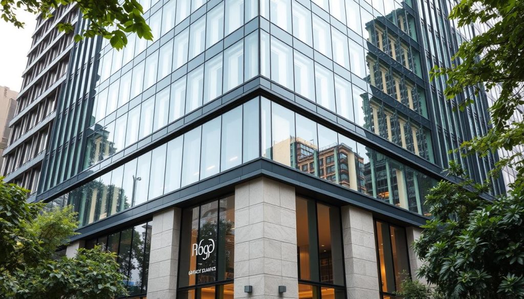 An architecturally impressive building with a sleek, modern design and a combination of glass, steel, and stone. The facade features a well-proportioned arrangement of windows that allow natural light to flood the interior. The building is set against a backdrop of lush greenery, creating a harmonious blend of nature and urban elements. The lighting is soft and even, highlighting the elegant lines and contours of the structure. The overall mood is one of sophistication and financial stability, conveying the financial benefits of the Borotage Salariat system.