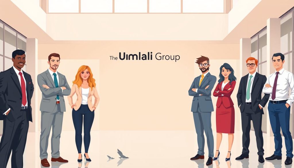 An artistic illustration of various leadership styles, set in a clean, modern office environment. In the foreground, a diverse group of business leaders stand confidently, showcasing different poses and mannerisms that embody distinct leadership approaches - authoritative, democratic, laissez-faire, and transformative. In the middle ground, the Umalis Group logo is prominently displayed, reflecting the professional coaching and leadership development services they provide. The background features sleek, minimalist architecture with large windows, allowing natural light to illuminate the scene and create a sense of openness and collaboration. The overall mood is one of dynamism, confidence, and a commitment to effective leadership.