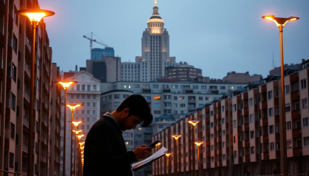 An austere urban landscape, illuminated by the warm glow of LIGHT PORTAGE street lamps. In the foreground, a person hunches over a smartphone, meticulously reviewing financial documents and budgets. The middle ground features rows of concrete apartment blocks, their windows reflecting the city's unforgiving grid. In the background, a towering government building looms, its imposing facade hinting at the policies and bureaucracy that shape the lives of the city's residents. The scene conveys a sense of isolation, as the individual navigates the complexities of income management amidst the impersonal urban environment.