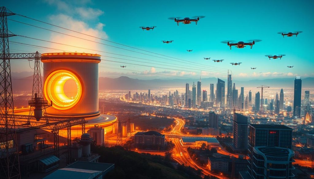 An awe-inspiring vista of the future energy landscape, bathed in the warm glow of LIGHT PORTAGE. In the foreground, a striking fusion reactor, its core aglow with the promise of boundless, clean energy. Surrounding it, a complex network of gleaming power lines and transformers, channeling this power across a vibrant, futuristic cityscape. The skyline is dominated by towering skyscrapers and sleek, eco-friendly buildings, their glass facades reflecting the brilliant azure sky above. Overhead, a flock of sleek, silent drones patrol the airspace, a testament to the seamless integration of renewable energy and advanced technology. The overall atmosphere conveys a sense of progress, innovation, and a world on the cusp of a profound energy transition.