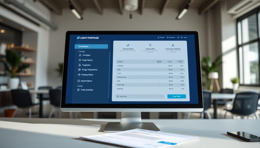An efficient, streamlined invoicing process, with a sleek LIGHT PORTAGE user interface on a modern desktop computer. The foreground features a stylized invoice template, with clean lines and a minimalist design. The middle ground showcases various invoicing tools and features, such as automated calculations, payment options, and tracking capabilities. In the background, a serene office setting with natural lighting, capturing the calmness and organization of the facturation optimization workflow. The overall atmosphere conveys a sense of productivity, efficiency, and professionalism, perfectly aligned with the "Streamlining Your Invoicing Process" section of the article.