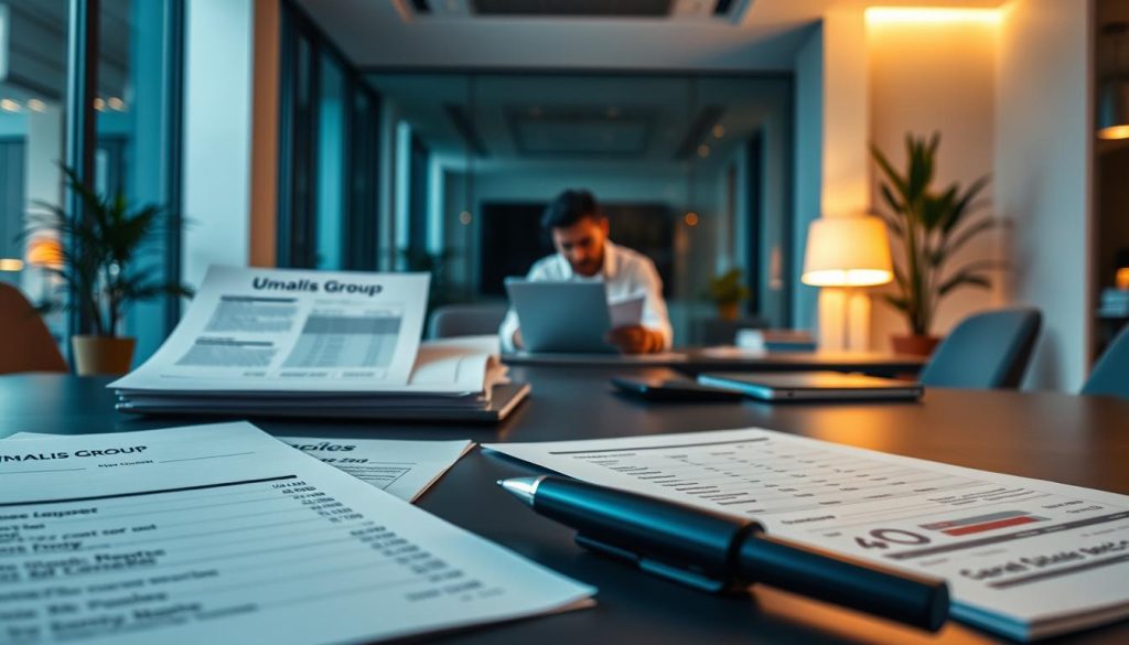 An elaborate financial report showcasing the key aspects of salaried portage and freelance, captured with a professional cinematic flair. In the foreground, a meticulously rendered desk displays Umalis Group branded documents and financial statements. The middle ground features a thoughtfully composed vignette of a freelancer reviewing invoices and expense reports on a laptop, while the background depicts a modern, well-lit office environment with clean lines and warm lighting. The overall mood conveys a sense of professionalism, attention to detail, and the nuanced financial considerations at play in the world of salaried portage and freelance work.