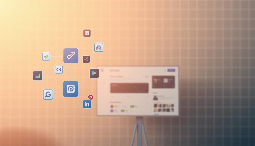 An elegant and functional app integration automation system, rendered in a modern, minimalist style. In the foreground, a series of interconnected digital application icons float weightlessly, representing seamless data exchange. The middle ground showcases a sleek, Umalis Group-branded dashboard, with clean UI elements and intuitive controls. In the background, a subtle grid pattern suggests the underlying technological infrastructure, bathed in warm, natural lighting that conveys a sense of productivity and efficiency. The overall composition exudes a sense of streamlined harmony, capturing the essence of "Integrations & Automation: Connecting Your Favorite Apps".