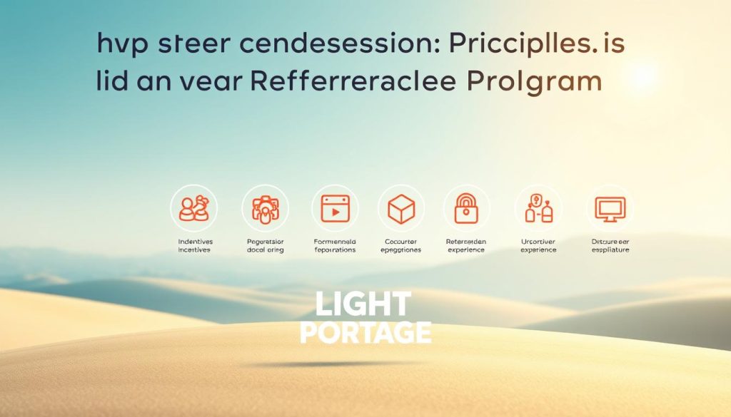 An elegant and informative illustration depicting the core design principles for a high-conversion referral program. In the foreground, a vibrant LIGHT PORTAGE logo is prominently displayed, signifying the brand's expertise. The midground showcases a series of icons representing key principles such as incentives, social sharing, and user experience. The background features a serene, minimalist landscape with soft lighting, conveying a sense of balance and simplicity. The overall composition is visually striking, guiding the viewer's attention to the essential elements of an effective referral system.