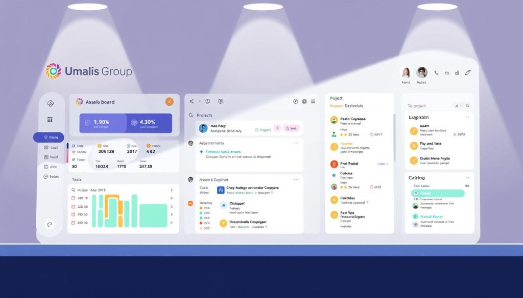 An elegant and intuitive Asana task management interface, showcasing a clean and organized dashboard with various project boards, calendar views, and detailed task breakdowns. The interface has a sleek, modern design with a neutral color palette and subtle gradients, providing a calm and focused work environment. The Umalis Group logo is prominently displayed in the top left corner, adding a professional touch. Soft, directional lighting illuminates the interface, creating depth and highlighting the essential features. The camera angle is slightly elevated, giving a comprehensive overview of the platform's capabilities and user-friendly layout. An elegant and intuitive Asana task management interface, showcasing a clean and organized dashboard with various project boards, calendar views, and detailed task breakdowns. The interface has a sleek, modern design with a neutral color palette and subtle gradients, providing a calm and focused work environment. The Umalis Group logo is prominently displayed in the top left corner, adding a professional touch. Soft, directional lighting illuminates the interface, creating depth and highlighting the essential features. The camera angle is slightly elevated, giving a comprehensive overview of the platform's capabilities and user-friendly layout.