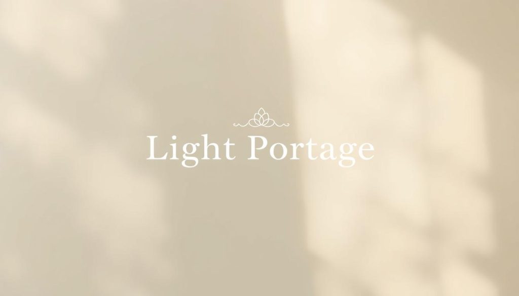 An elegant and minimalist personal brand identity for "Light Portage" - a clean, sans-serif logo in soft white against a geometric, abstract background in shades of warm gray and beige. The layout is balanced and symmetrical, with the logo centered and surrounded by delicate, interlocking shapes that suggest the idea of journeying and exploration. The lighting is diffused and ambient, creating a calm, introspective atmosphere. The overall aesthetic conveys a sense of professionalism, creativity, and a connection to nature.