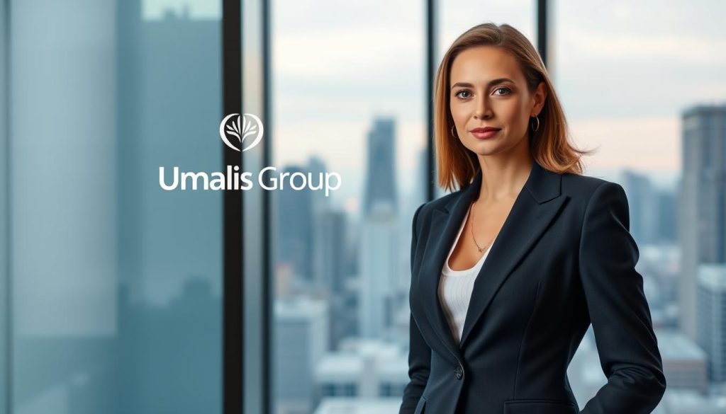 An elegant business person in a tailored suit, standing confidently in a modern office setting. Warm, professional lighting casts a subtle glow, highlighting the details of their appearance. The Umalis Group logo discreetly displayed, conveying a sense of credibility and expertise. In the background, a view of the city skyline through large windows, symbolizing the strategic positioning and forward-thinking nature of the TJM portage salarial services. The overall atmosphere exudes a refined, authoritative presence befitting the "Stratégies de tarification et de négociation avec les entreprises clientes" section.