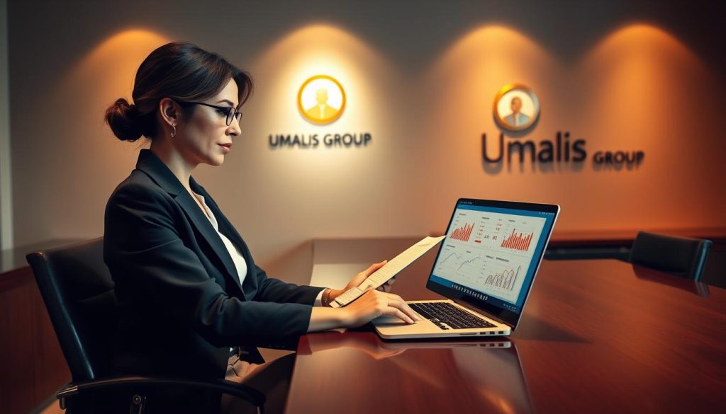 An elegant business woman in a tailored pantsuit sits at a polished mahogany desk, deep in thought as she reviews a variety of pricing strategies and sales projections on her laptop. Warm, directional lighting illuminates the scene, casting subtle shadows and highlights that accentuate the professional atmosphere. In the background, the Umalis Group logo is prominently displayed on the wall, underscoring the corporate setting. The overall mood is one of strategic contemplation, reflecting the challenges and decisions faced by a successful freelance professional navigating the intricacies of pricing and revenue optimization.