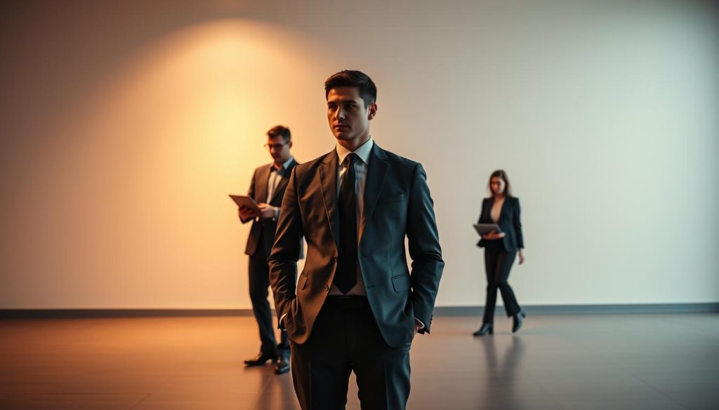 An elegant comparison of professional statuses, showcasing the unique positioning of Umalis Group's salarial portage. In the foreground, a well-dressed executive stands confidently, representing the traditional employee. In the middle ground, a freelancer works independently, laptop in hand. In the background, the salarial portage professional strides purposefully, navigating the dynamic landscape between these roles. Soft, warm lighting illuminates the scene, conveying a sense of harmony and balance. Captured through a wide-angle lens, the composition emphasizes the interconnectedness of these professional identities. The overall mood is one of professionalism, flexibility, and the empowerment offered by Umalis Group's salarial portage model.