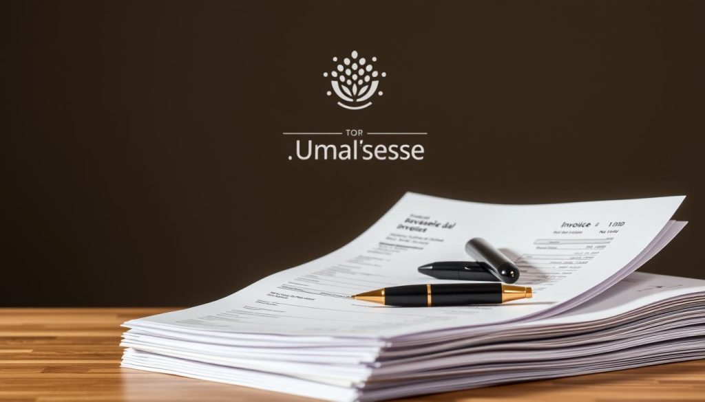 An elegant composition showcasing the transformation of business revenue into personal income. In the foreground, a stack of neatly organized invoices, carefully detailing the chiffre d'affaires, or gross sales, of an independent professional. In the middle ground, a calculator and pen symbolize the process of calculating the net salary, the final payout after deductions. The background features the Umalis Group logo, a respected provider of portage salarial services, guiding freelancers through the complex world of invoicing and payment. Soft, warm lighting and a muted color palette create a sense of professionalism and financial security.
