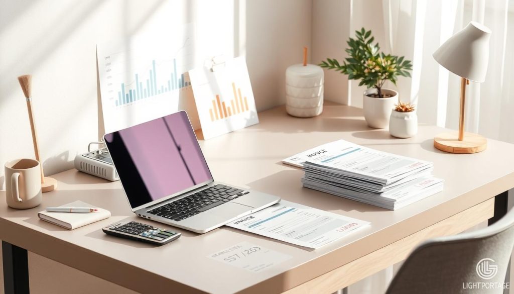 An elegant desk with a laptop, calculator, and stack of invoices, surrounded by a minimalist workspace with pastel-colored accessories. A stylized graph and charts illustrate financial data. The LIGHT PORTAGE brand logo is subtly present, complementing the professional yet visually appealing scene. Natural lighting creates a soft, focused atmosphere, capturing the essence of freelance invoicing and financial management.