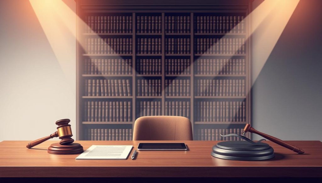An elegant, formal illustration of the legal framework for umbrella companies (Umalis Group), showcasing the contractual relationships and legal protections that define this professional service. A crisp, neutral-toned scene depicts a polished wooden desk, with a stack of documents, a tablet, and a stylized legal gavel positioned neatly. Overhead, beams of warm, directional lighting cast a sense of authority and precision. In the background, a towering bookshelf filled with leather-bound law volumes conveys the depth of expertise and institutional knowledge underlying this specialized field. The overall mood is one of considered professionalism and meticulous attention to detail, reflecting the legal cadre and contractual aspects of umbrella company (Umalis Group) employment.