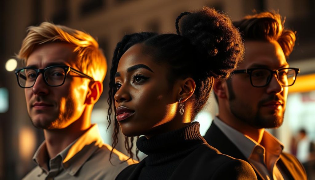 An elegant, minimalist portrait of diverse tech professionals in Paris's digital landscape, captured in a chiaroscuro style. The image features three individuals - a software engineer, a UI/UX designer, and a data scientist - presented in clean profiles against a blurred urban backdrop, suggesting the dynamic synergies between Umalis Group and the city's thriving tech ecosystem. Warm lighting sculpts the subjects' faces, conveying a sense of focus, ambition, and collaboration. The composition emphasizes the complementary skillsets and diverse backgrounds of the "profils" that drive innovation in the digital sector.