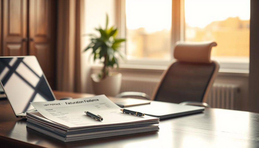 An elegant office desk, bathed in warm light from a large window, displaying a laptop, a pen, and a stack of documents labeled "Facturation Freelance". In the foreground, a LIGHT PORTAGE branded invoice template is prominently displayed, showcasing its clean and professional design. The middle ground features a modern office chair and a potted plant, creating a calm and productive atmosphere. The background is blurred, emphasizing the focus on the essential elements of freelance invoicing and financial management. The overall scene conveys a sense of organization, attention to detail, and the importance of proper invoicing practices for the independent professional.