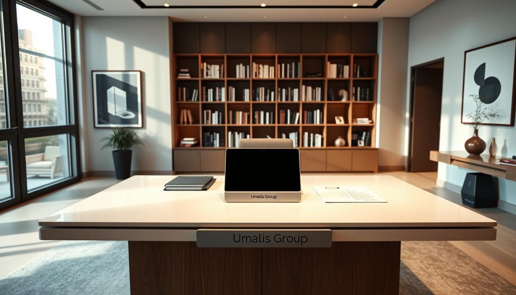 An elegant office interior with a clean, modern design. A large, well-lit desk takes center stage, topped with a laptop, paperwork, and a sleek "Umalis Group" nameplate. The walls are adorned with minimalist artwork, casting soft shadows across the space. In the background, a bookshelf filled with professional resources hints at the intellectual nature of the work performed here. The overall atmosphere is one of quiet productivity and refined professionalism, reflecting the specialized nature of "portage salarial" contracts. A subtle warm lighting illuminates the scene, creating a sense of comfort and focus.