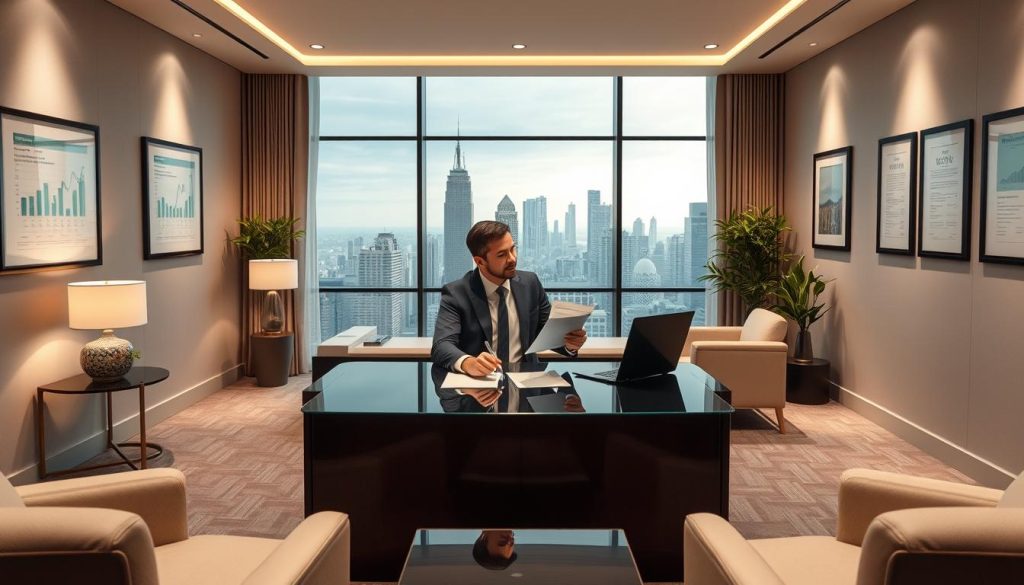 An elegant office interior with modern furnishings and a serene, professional atmosphere. In the center, a well-dressed financial advisor sits at a sleek, glass-topped desk, consulting documents and gesturing thoughtfully. Soft, indirect lighting creates a calming, authoritative ambiance. The walls are adorned with framed financial charts and certificates, conveying a sense of financial security and expertise. In the background, large windows offer a vista of a bustling city skyline, symbolizing the broader business landscape. The overall scene evokes a sense of financial stability, diligence, and trustworthiness.