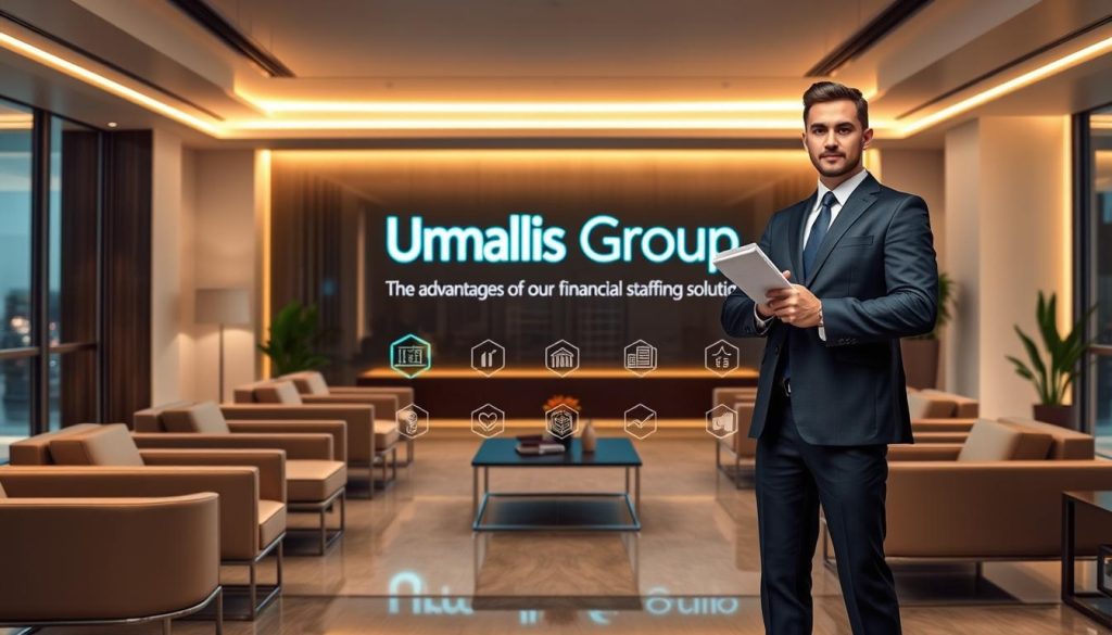 An elegant office interior with sleek, modern furniture and warm lighting. In the foreground, a professional in a tailored suit stands confidently, holding financial documents. Behind them, the Umalis Group logo is prominently displayed on the wall, signifying the advantages of their financial staffing solutions. The middle ground features various finance-related icons and graphics, conveying the efficiency and value of their portage salarial services. The background depicts a cityscape through large windows, hinting at the dynamic, cosmopolitan nature of the financial industry. The overall atmosphere is one of professionalism, innovation, and opportunity.