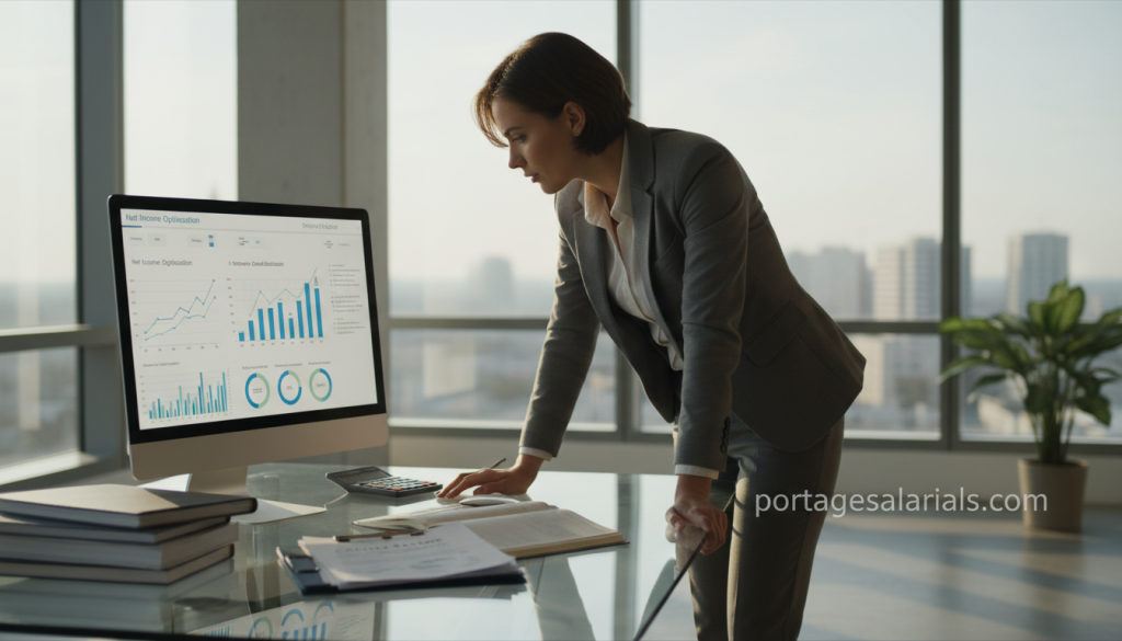 An elegant office scene depicting a business professional, dressed in smart attire, analyzing financial documents and charts on a sleek glass desk. In the foreground, the individual focuses on a digital screen, displaying graphs illustrating net income optimization strategies. The middle ground features stacks of financial reports and a calculator, symbolizing the calculation of salary in portage salarial. The background contains large windows with natural light flooding in, casting a warm glow over the workspace, enhancing the productive atmosphere. Soft shadows create a calming environment, ideal for deep focus. The overall mood is one of confidence and clarity, emphasizing strategic financial decisions. The website "portagesalarials.com" subtly integrated into the desk decor adds a touch of branding to the scene. An elegant office scene depicting a business professional, dressed in smart attire, analyzing financial documents and charts on a sleek glass desk. In the foreground, the individual focuses on a digital screen, displaying graphs illustrating net income optimization strategies. The middle ground features stacks of financial reports and a calculator, symbolizing the calculation of salary in portage salarial. The background contains large windows with natural light flooding in, casting a warm glow over the workspace, enhancing the productive atmosphere. Soft shadows create a calming environment, ideal for deep focus. The overall mood is one of confidence and clarity, emphasizing strategic financial decisions. The website "portagesalarials.com" subtly integrated into the desk decor adds a touch of branding to the scene.