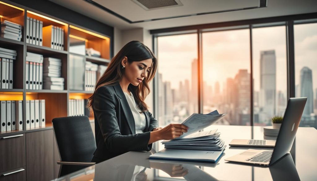 An elegant office scene depicting the administrative processes of salaried portage, showcasing the Umalis Group's expertise. In the foreground, a woman reviews financial documents at a sleek, minimalist desk, her expression focused. Behind her, shelves display meticulously organized files, reflecting the meticulous organization required in salaried portage. The mid-ground features a modern, yet warm lighting scheme, casting a soft glow over the space. In the background, a large window overlooks a bustling cityscape, symbolizing the broader business context in which salaried portage operates. The overall atmosphere conveys professionalism, efficiency, and the Umalis Group's commitment to seamless administrative support. An elegant office scene depicting the administrative processes of salaried portage, showcasing the Umalis Group's expertise. In the foreground, a woman reviews financial documents at a sleek, minimalist desk, her expression focused. Behind her, shelves display meticulously organized files, reflecting the meticulous organization required in salaried portage. The mid-ground features a modern, yet warm lighting scheme, casting a soft glow over the space. In the background, a large window overlooks a bustling cityscape, symbolizing the broader business context in which salaried portage operates. The overall atmosphere conveys professionalism, efficiency, and the Umalis Group's commitment to seamless administrative support.