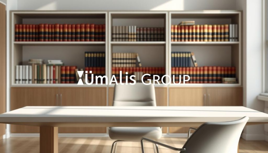 An elegant office setting featuring the Umalis Group logo, showcasing the legal framework of the salarial portage system. Soft, natural lighting illuminates a minimalist desk with clean lines, complemented by a sleek, modern chair. In the background, a bookshelf filled with legal tomes and documents subtly suggests the intricacies of the regulatory environment. The composition conveys a sense of professionalism, precision, and attention to detail, reflecting the comprehensive understanding of the legal aspects of salarial portage. An elegant office setting featuring the Umalis Group logo, showcasing the legal framework of the salarial portage system. Soft, natural lighting illuminates a minimalist desk with clean lines, complemented by a sleek, modern chair. In the background, a bookshelf filled with legal tomes and documents subtly suggests the intricacies of the regulatory environment. The composition conveys a sense of professionalism, precision, and attention to detail, reflecting the comprehensive understanding of the legal aspects of salarial portage.