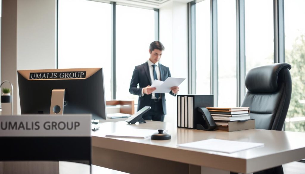 An elegant office setting with personalized administrative support for a salaried professional. In the foreground, a UMALIS GROUP-branded desk with a desktop computer, organized files, and a telephone. The middle ground features a well-dressed individual reviewing documents, conveying a sense of dedicated administrative assistance. The background showcases a modern, minimalist office environment with large windows, allowing natural light to fill the space and create a calming, productive atmosphere. The lighting is soft and diffused, and the camera angle is slightly elevated, providing a composed, professional perspective. This image embodies the concept of "Accompagnement personnalisé et gestion administrative" within the context of "Portage salarial pour les formateurs : Sécurité et Liberté."