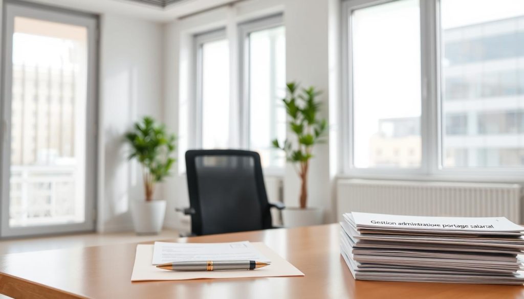 An elegant office space with clean, minimalist design. In the foreground, a neatly organized desk with a laptop, pen, and a stack of documents labeled "Gestion administrative portage salarial". The middle ground features a modern, ergonomic chair and a potted plant, creating a calming atmosphere. The background showcases floor-to-ceiling windows that flood the room with natural light, reflecting the Umalis Group brand's commitment to simplicity and efficiency. The overall scene conveys a sense of streamlined administrative management, perfectly capturing the "Gestion administrative simplifiée" section of the article.