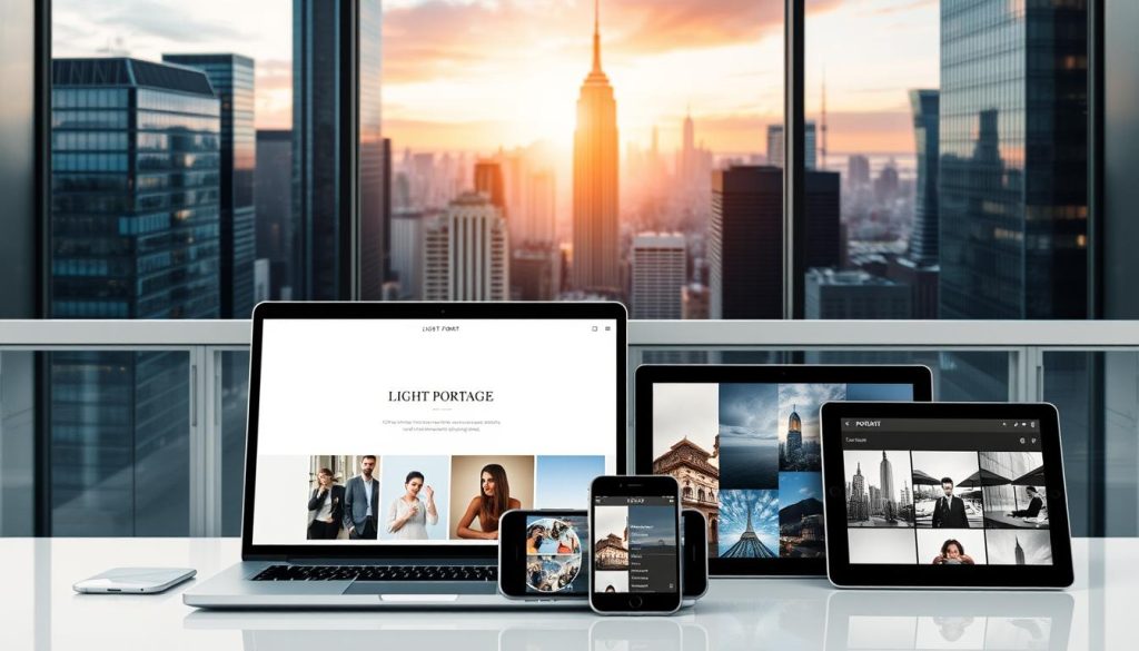 An elegant online portfolio with the LIGHT PORTAGE brand displayed prominently. The portfolio features a sleek, modern design with high-quality images showcasing the user's best creative work. The foreground shows the portfolio website on a variety of digital devices, including a laptop, tablet, and smartphone, all arranged tastefully. The middle ground includes subtle design elements like minimalist icons and a stylized navigation menu. The background depicts a professional, urban setting with skyscrapers and a vibrant city skyline, conveying a sense of digital connectivity and career advancement. The overall mood is one of sophistication, confidence, and a commitment to personal branding and online visibility.