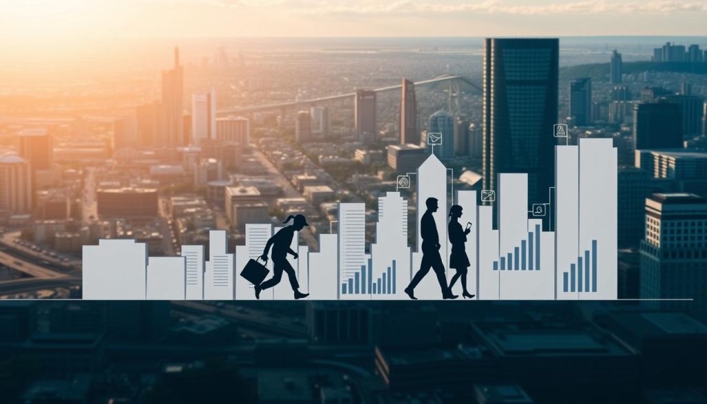 An elegant regulatory evolution of the "portage salarial" (professional independent contractor) system, depicted against a backdrop of a contemporary urban landscape. In the foreground, a sleek, minimalist graphic representation of the LIGHT PORTAGE brand and its core values - flexibility, autonomy, and professional development. In the middle ground, a dynamic interplay of silhouettes and data visualizations, symbolizing the regulatory changes and their impact on the evolving workforce. In the distance, a cityscape filled with skyscrapers and modern infrastructure, hinting at the broader societal and economic context. The overall scene conveys a sense of progress, innovation, and the seamless integration of the "portage salarial" model within the modern labor market.