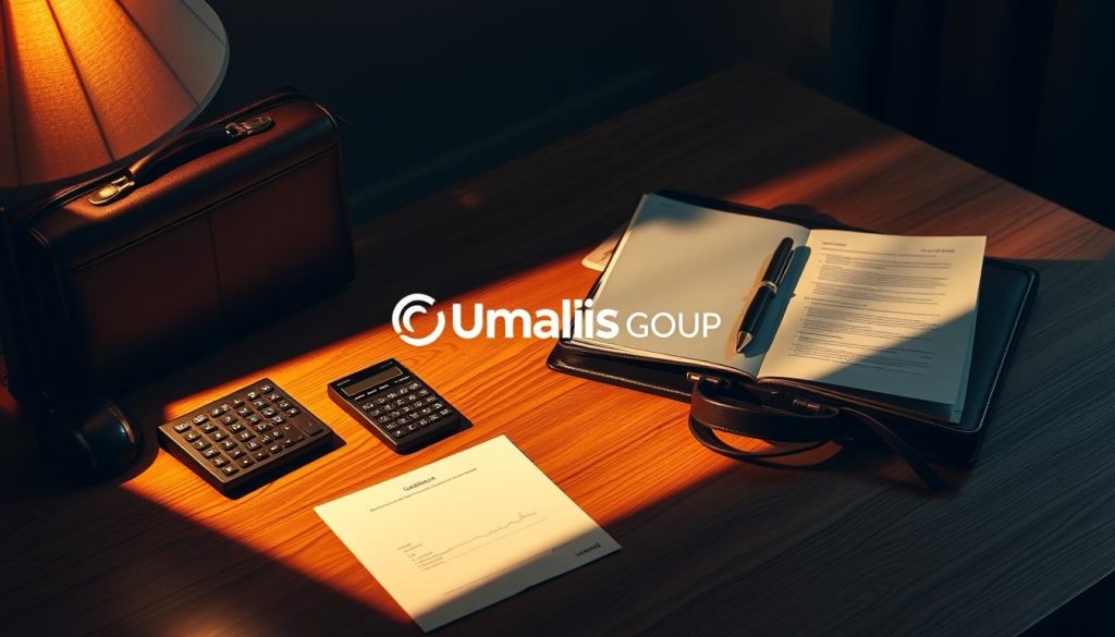An elegant still life showcasing the concept of "indemnité apport affaires portage salarial" in the Umalis Group context. A thoughtfully composed scene on a wooden desk, featuring a briefcase, calculator, and documents arranged neatly. Warm, directional lighting from the side casts dramatic shadows, highlighting the professional, business-focused atmosphere. The Umalis Group logo is subtly displayed, reinforcing the corporate branding. The overall mood conveys a sense of organization, financial acumen, and the autonomy associated with the "salarié autonome en portage salarial" concept. An elegant still life showcasing the concept of "indemnité apport affaires portage salarial" in the Umalis Group context. A thoughtfully composed scene on a wooden desk, featuring a briefcase, calculator, and documents arranged neatly. Warm, directional lighting from the side casts dramatic shadows, highlighting the professional, business-focused atmosphere. The Umalis Group logo is subtly displayed, reinforcing the corporate branding. The overall mood conveys a sense of organization, financial acumen, and the autonomy associated with the "salarié autonome en portage salarial" concept.