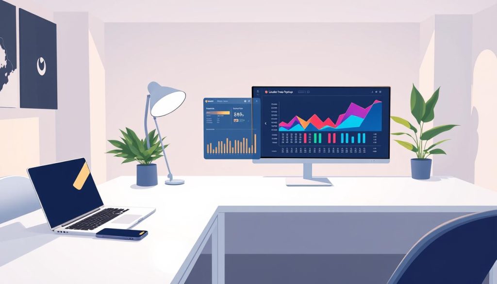 An elegant workspace with a laptop, smartphone, and analytics dashboard on a clean white desk. The Umalis Group logo is subtly incorporated into the design. Soft overhead lighting casts a warm glow, highlighting the workspace's minimalist aesthetic. In the background, a large monitor displays a colorful graph visualizing website traffic data. The scene conveys a sense of focused productivity and data-driven decision making. An elegant workspace with a laptop, smartphone, and analytics dashboard on a clean white desk. The Umalis Group logo is subtly incorporated into the design. Soft overhead lighting casts a warm glow, highlighting the workspace's minimalist aesthetic. In the background, a large monitor displays a colorful graph visualizing website traffic data. The scene conveys a sense of focused productivity and data-driven decision making.