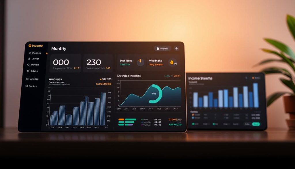 An elegant yet functional income system, designed by the Umalis Group, with a sleek dashboard displaying key financial metrics. In the foreground, a clean chart tracks monthly revenue, while in the middle, a visually appealing graph showcases the diversified income streams. The background features a soft, warm lighting, creating a sense of security and stability. The overall composition conveys a professional, well-organized approach to managing one's finances as an independent professional.