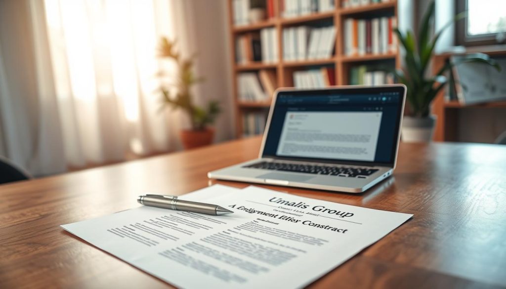 An elegantly arranged scene of an employment contract and a client agreement for portage salarial, prominently displaying the brand name "Umalis Group". In the foreground, a beautifully crafted wooden desk holds a neatly opened contract with a pen poised beside it. The contract features official-looking text with elegant layout designs. In the middle ground, a laptop rests open, showcasing a professional email exchange related to consulting assignments. The background subtly displays a warm, inviting office setting with bookshelves filled with business literature and a soft-focus plant in the corner, creating an atmosphere of professionalism and trust. Soft natural light filters through a nearby window, casting gentle shadows, enhancing the mood of clarity and focus for a serious review process.