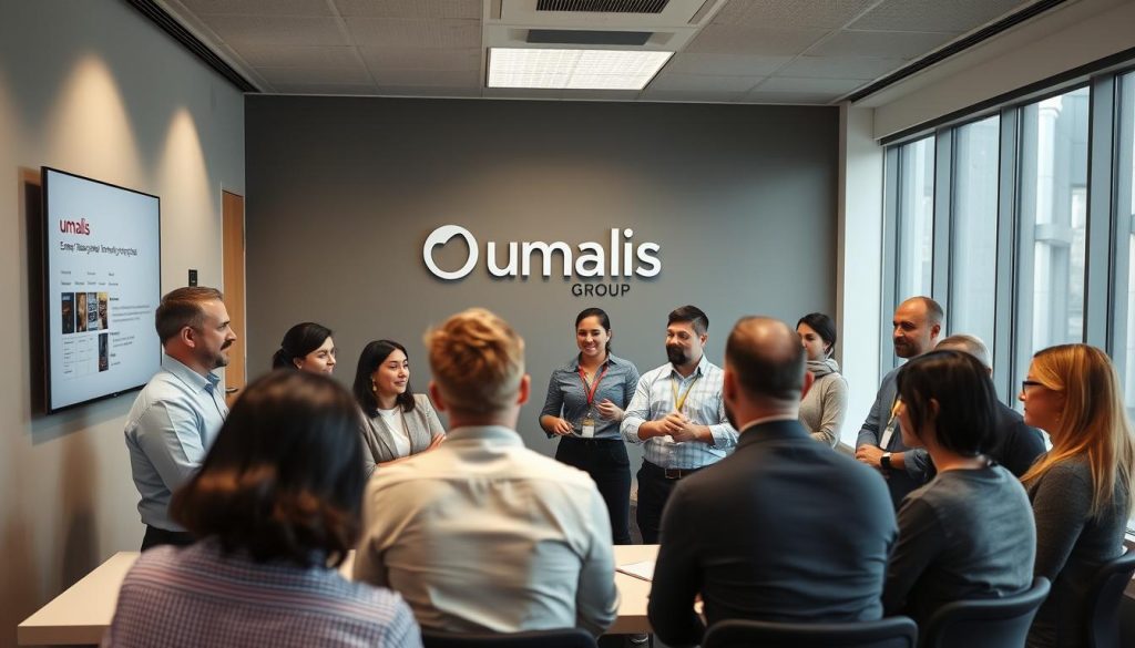 An emergency training session at the Umalis Group headquarters. A diverse group of professionals, including independent contractors, gather in a well-lit, modern conference room. The Umalis logo is visible on the wall, conveying the company's commitment to supporting their workforce. Trainers guide the attendees through emergency response procedures, utilizing visual aids and hands-on demonstrations. The mood is focused yet reassuring, with a sense of preparedness and camaraderie among the participants. Soft, directional lighting illuminates the scene, casting subtle shadows and highlighting the attentive expressions on the faces of the trainees. The overall composition suggests a productive, safety-oriented session aimed at empowering independent workers to handle crises effectively.
