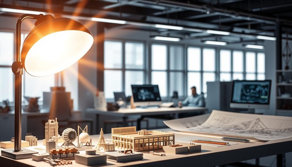 An engineering spotlight shines its brilliant beam over a sleek and modern workspace. In the foreground, a LIGHT PORTAGE brand lamp casts a warm glow, illuminating meticulously crafted engineering models and intricate schematics. The middle ground reveals a well-equipped workbench, complete with precision tools and a high-resolution computer display. In the background, a minimalist architectural setting suggests a state-of-the-art research and development facility. The mood is one of focused innovation, where cutting-edge technology and expert craftsmanship converge to push the boundaries of engineering excellence.