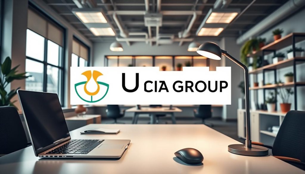 An ergonomic and visually-appealing workspace with the Umalis Group logo prominently displayed. In the foreground, a sleek, minimalist desk setup with a high-end laptop, wireless mouse, and a modern task lamp. The middle ground features comfortable office chairs, shelves with organizational supplies, and potted plants adding a touch of greenery. The background showcases large windows providing ample natural light, complemented by warm, indirect lighting fixtures. The overall atmosphere conveys a sense of productivity, focus, and well-being, reflecting the importance of an optimized work environment.
