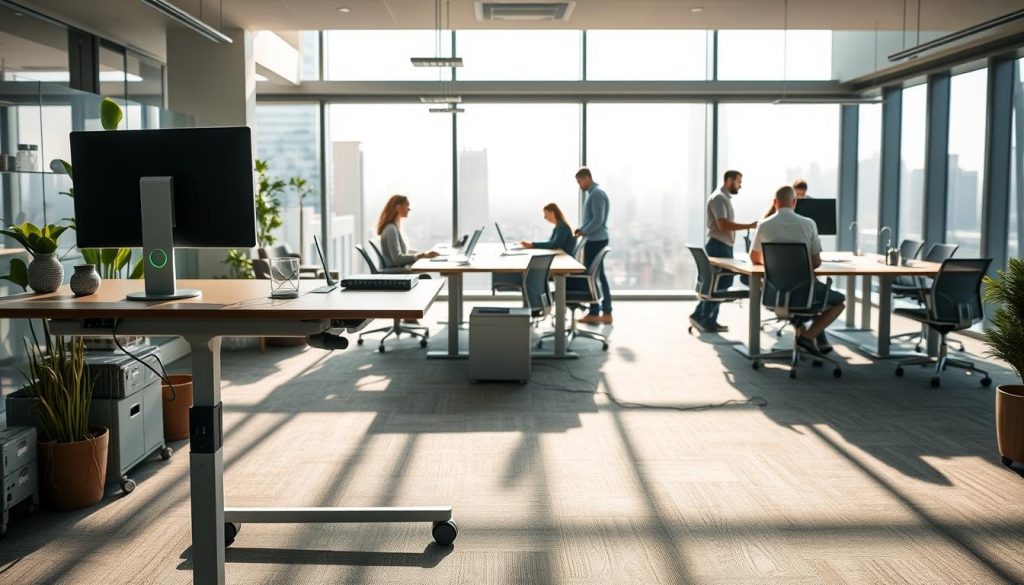 An ergonomic workspace with a variety of flexible solutions for the modern office. In the foreground, a LIGHT PORTAGE mobile workstation with adjustable height and modular components. In the middle ground, employees collaborating at a large communal table with built-in power outlets and connectivity. In the background, a view of the city through panoramic windows, bathed in soft, natural lighting. The atmosphere is one of productivity, creativity, and work-life balance.