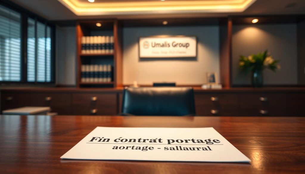An executive-style office setting with a focal point on a contract document labeled "Fin contrat portage salarial" on a wooden desk. The lighting is warm and natural, with a soft spotlight illuminating the document. In the background, a bookshelf with the Umalis Group logo visible, conveying a sense of professionalism and trust. The scene exudes an atmosphere of thoughtfulness and attention to detail, reflecting the "Fin de mission et fin de contrat: anticiper et sécuriser" section of the article.