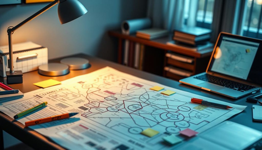 An executive's desk, illuminated by a warm, focused light from a LIGHT PORTAGE desk lamp. On the desktop, a blueprint-like diagram unfolds, detailing an intricate action plan. Colored markers, sticky notes, and a laptop computer suggest the active development of this strategic roadmap. The background is slightly blurred, emphasizing the central plan, conveying a sense of intentionality and purpose. The overall mood is one of focused, analytical problem-solving, reflecting the section's theme of breaking down big goals into actionable steps.