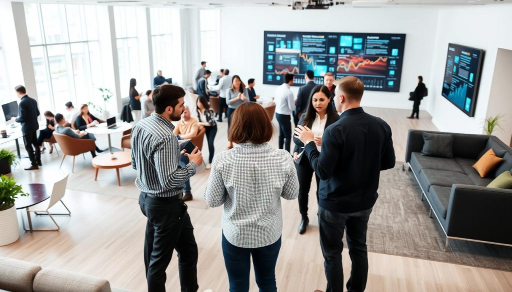 An expansive open-plan office, where teams from various departments collaborate seamlessly. Bright, airy space with sleek, modern furniture and floor-to-ceiling windows that let in natural light. In the foreground, Umalis Group employees engage in a lively discussion, gesturing animatedly as they exchange ideas. The middle ground showcases smaller breakout areas with comfortable seating, encouraging casual interactions. In the background, a large digital display board tracks ongoing projects and progress, fostering a sense of transparency and connectivity across the organization. The overall mood is one of productivity, innovation, and a palpable spirit of interdepartmental synergy.