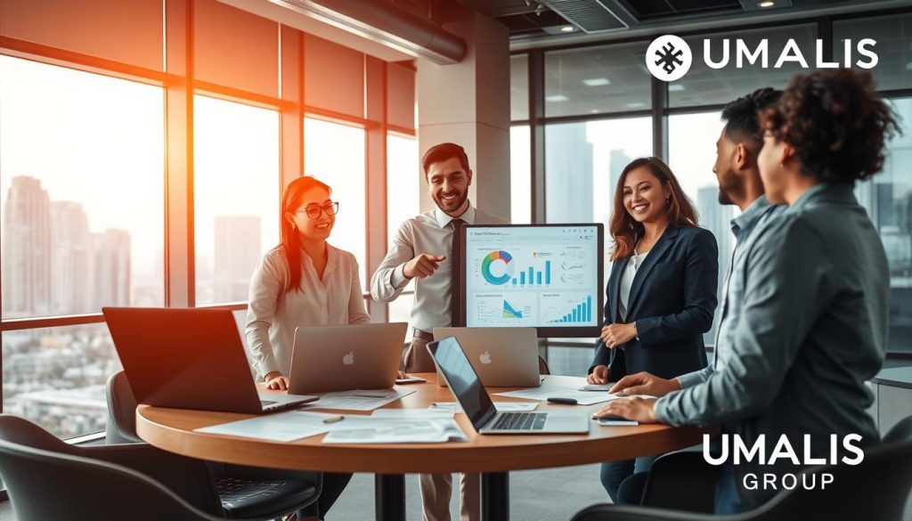 An experienced engineer in professional business attire discusses project plans with a diverse team in a modern office setting, showcasing collaboration and expertise. The foreground features a round table with laptops and documents, emphasizing technology and organization. In the middle, the engineer points to a digital presentation on a screen, illustrating engineering concepts and business strategies, while the team engages positively. The background reveals a sleek city skyline through large windows, suggesting innovation and ambition. Warm yet focused lighting enhances the teamwork atmosphere, capturing moments of inspiration. The image should subtly incorporate the UMALIS GROUP logo in the corner. The overall mood is professional, motivated, and forward-thinking, reflecting the essence of engineering in portage salarial.