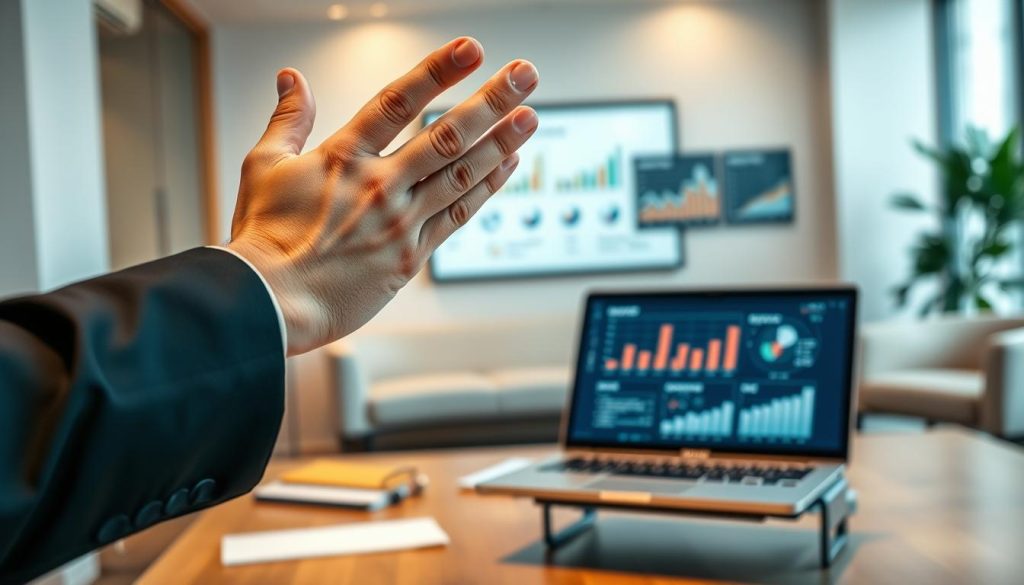 An expertly crafted negotiation strategy, a skillfully assembled presentation deck, a confident demeanor - all the elements of a successful freelance contract negotiation in the world of portage salarial. In the foreground, a hand gesturing dynamically, fingers spread to emphasize key points. The middle ground features a laptop display with projected graphs and charts, meticulously designed to showcase the value proposition. In the background, a refined office setting with sleek, modern furniture and warm lighting, conveying an atmosphere of professionalism and authority. Captured with a shallow depth of field, the image focuses the viewer's attention on the core elements of the negotiation process.