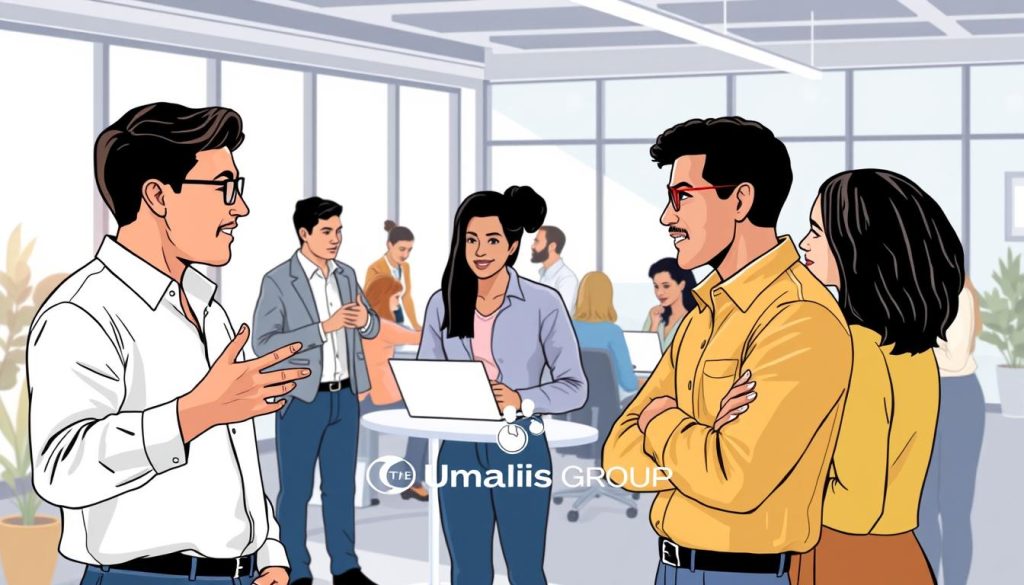 An illustration of a professional network for independent trainers, featuring a group of diverse individuals gathered together in a modern, well-lit workspace. In the foreground, two trainers are engaged in a lively discussion, gesturing animatedly. In the middle ground, several others are collaborating at desks, laptops open, exchanging ideas. The background showcases a sleek, minimalist design with large windows, allowing natural light to flood the space. The overall atmosphere conveys a sense of productivity, camaraderie, and a dynamic professional community. The Umalis Group brand is subtly incorporated into the scene, reflecting its role in supporting this network of independent trainers.