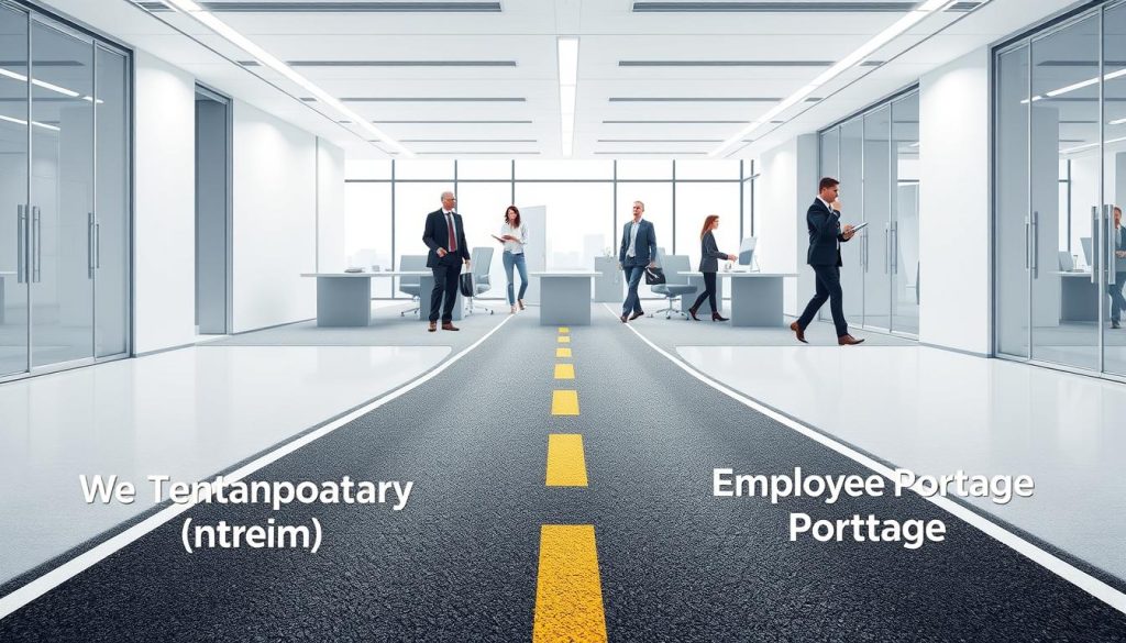 An illustration of the fundamental differences between temporary staffing (interim) and employee portage, showcasing Umalis Group's expertise. A crisp, high-resolution image depicting a professional work environment with two distinct paths - one leading to a temporary staffing agency, the other to an employee portage solution. The foreground features a decisive fork in the road, symbolizing the choice between these two flexible employment options. The middle ground showcases workers in action, their roles and responsibilities subtly contrasted. The background offers a modern, minimalist office setting with clean lines and neutral tones, allowing the core concepts to take center stage. The overall tone is one of clarity, professionalism, and Umalis Group's authoritative guidance on navigating these employment alternatives.