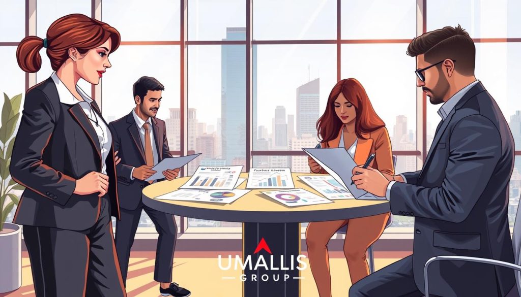 An illustrative scene depicting a diverse group of professionals collaborating in a modern office space, symbolizing the concept of combining different employment statuses within a portage salarial framework. In the foreground, a confident woman in professional business attire discusses documents with a man, who is jotting notes on a laptop. In the middle, a round table displays papers and graphs related to freelance contracts and portage salarial processes. The background features floor-to-ceiling windows showcasing a bustling cityscape, flooded with natural light, creating a vibrant atmosphere. A subtle branding element, the logo of "UMALIS GROUP", is integrated into the decor, reinforcing the theme. The image captures a mood of collaboration, security, and professional growth, with warm and inviting lighting that enhances focus and clarity.