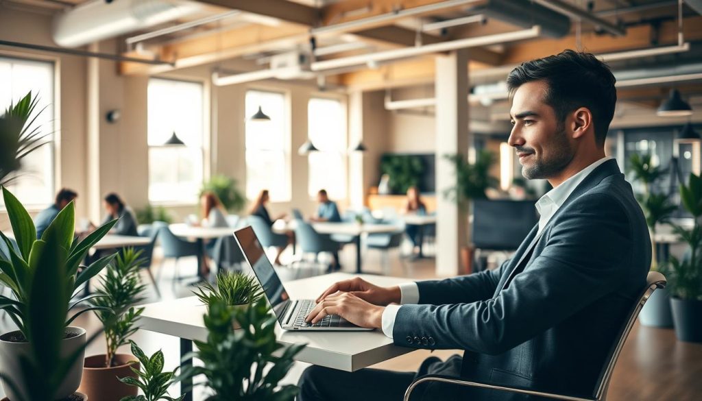 An image of a professional independent contractor working remotely in a coworking space, showcasing the advantages of the "Umalis Group" portage salarial model. In the foreground, a well-dressed person sits at a modern, minimalist desk, focused on their laptop, surrounded by potted plants and natural light filtering through large windows. In the middle ground, other coworkers collaborate at shared tables, creating a vibrant, creative atmosphere. The background features an open, airy office layout with high ceilings, exposed beams, and a color palette of warm, earthy tones. The lighting is soft and directional, highlighting the subject's concentration and the overall sense of productivity and flexibility in this professional yet relaxed environment.