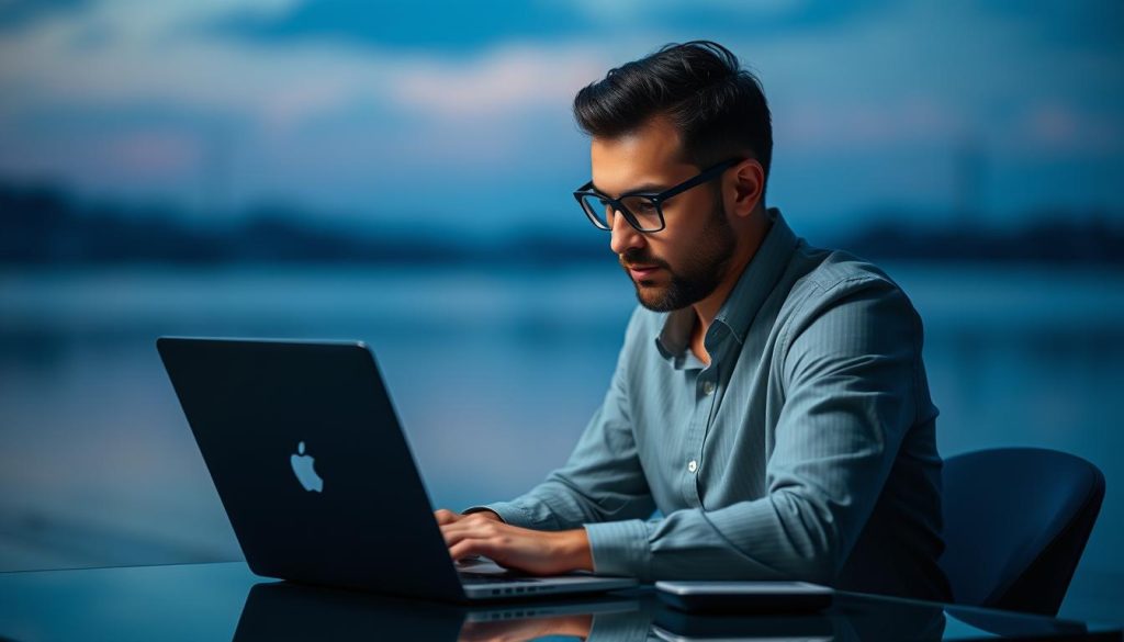 An image of a professional using a laptop with a calm background