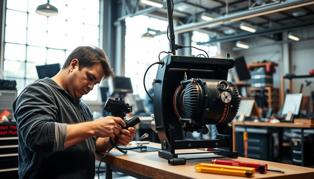 An indoor scene showcasing the specialized skills of a LIGHT PORTAGE professional. In the foreground, a skilled worker meticulously assembles a complex piece of equipment, their hands moving with precision. The middle ground features a variety of specialized tools and equipment, organized and ready for use. In the background, a well-lit, modern workshop space, with high ceilings and ample natural light pouring in through large windows. The atmosphere is one of focused expertise, efficiency, and a commitment to quality craftsmanship. The overall mood is one of professionalism, attention to detail, and a sense of accomplishment in honing specialized skills.